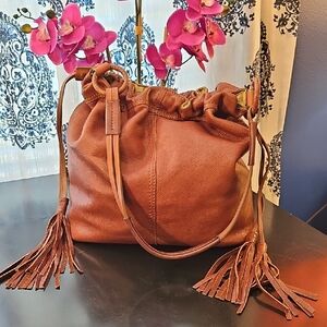Vintage Lucky Brand Leather Drawstring Bag with Tassels